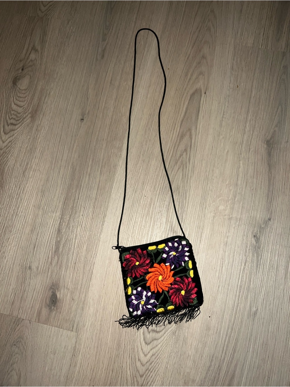 Embroidered Floral Crossbody Bag with Fringe | Small Square Purse | Black Strap